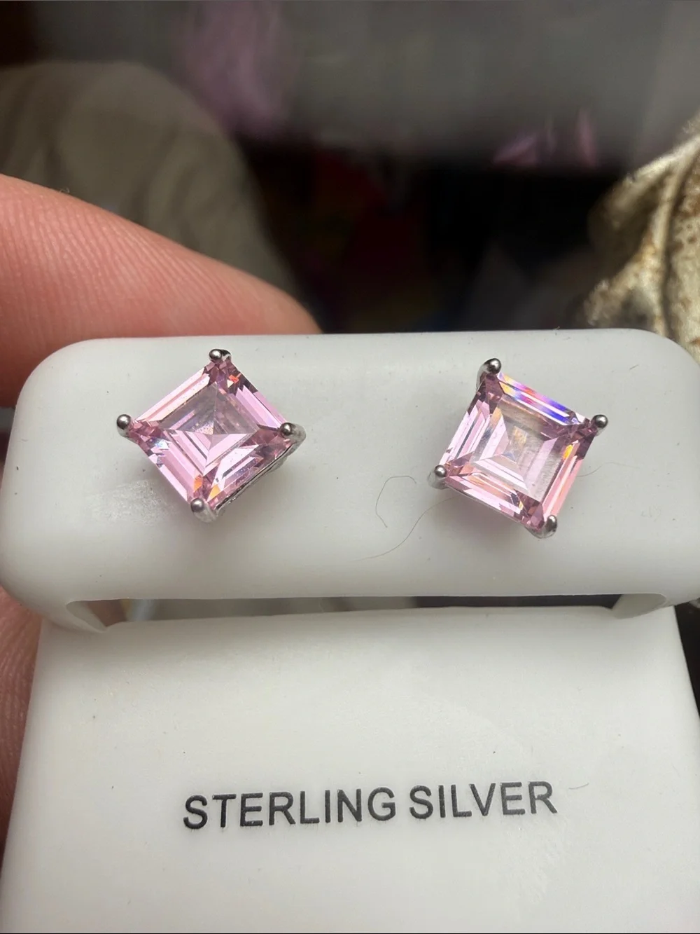 925 Sterling Silver Princess Cut Pink Gemstone  Stud Earrings NEW STUNNING